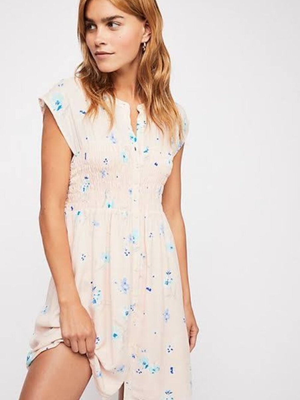 Free People Greatest Day Smocked Mini Dress, Light Pink Floral Pattern
